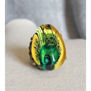 Bright Yellow Green Peacock Feather Stretchy Costume Jewelry Ring R1